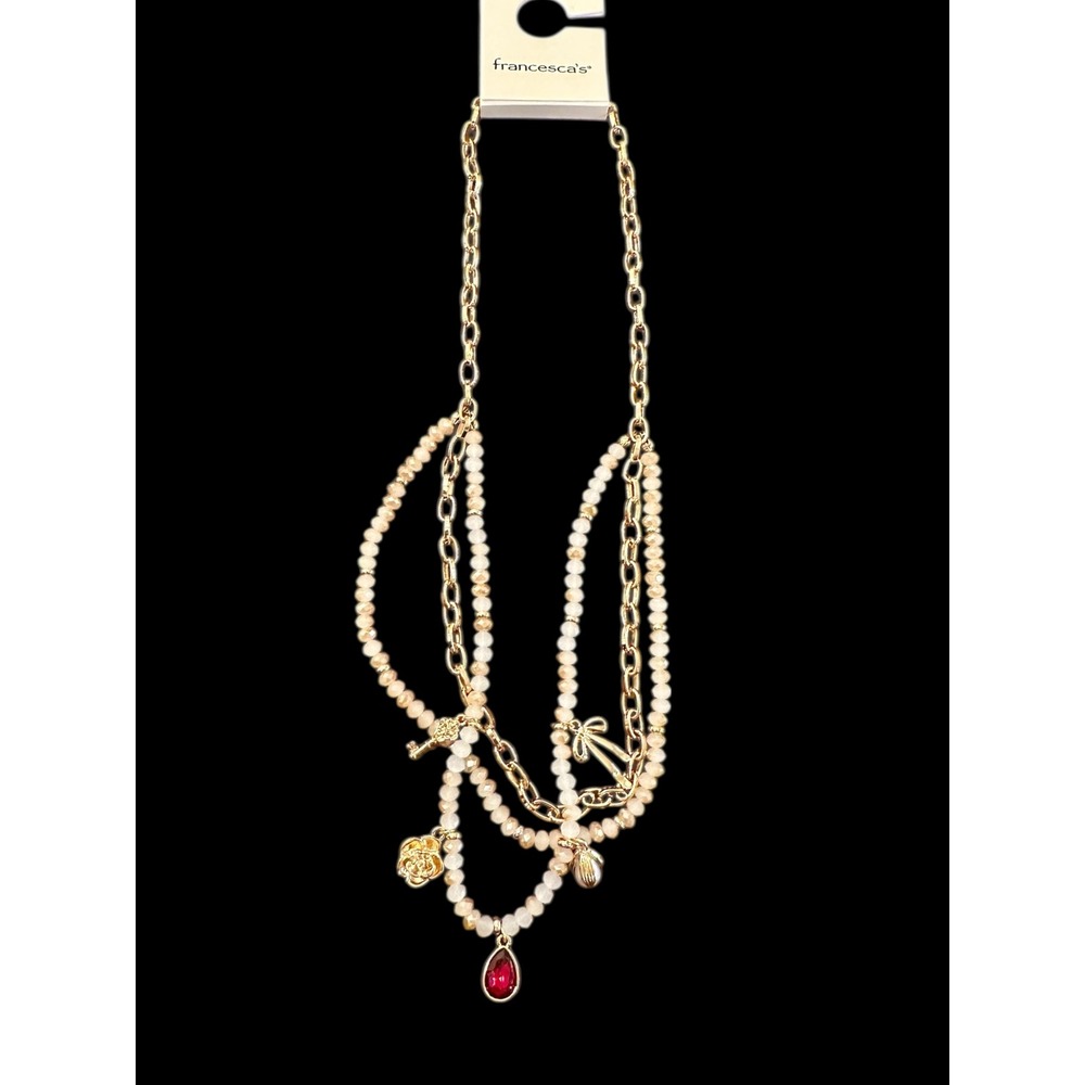 Francesca's Gold Multi Strand Layered‎ Charm Necklace Red Teardrop Rose Key Bow